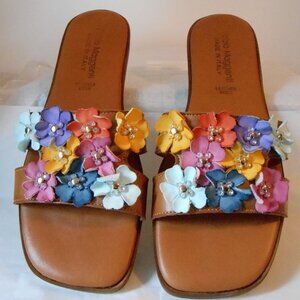 Fabio Maggenti Brown Leather Slip On Sandals Colorful Fabric Flowers-Size 7